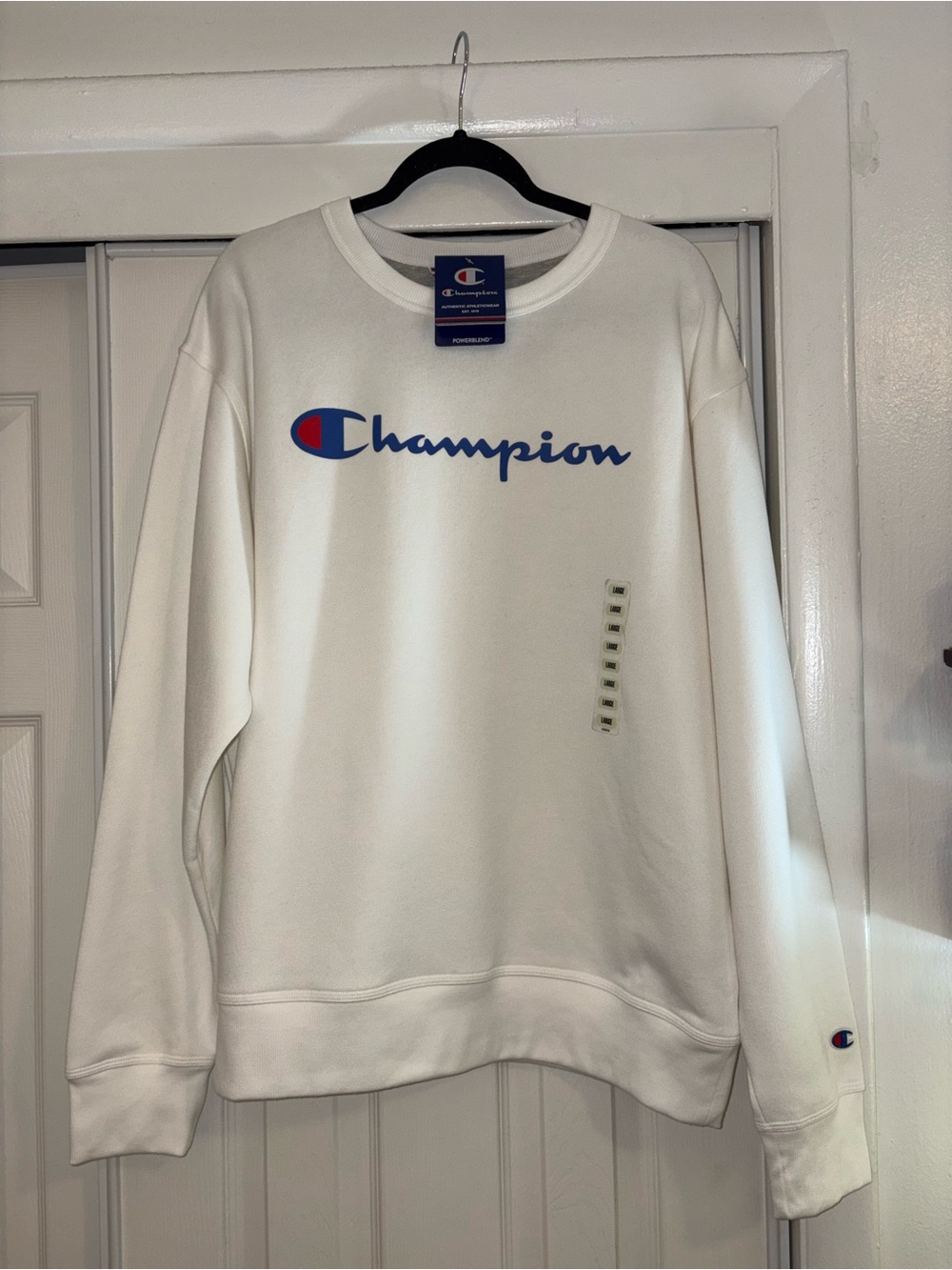 Champion White Crewneck Sweatshirt with Blue and Red Logo